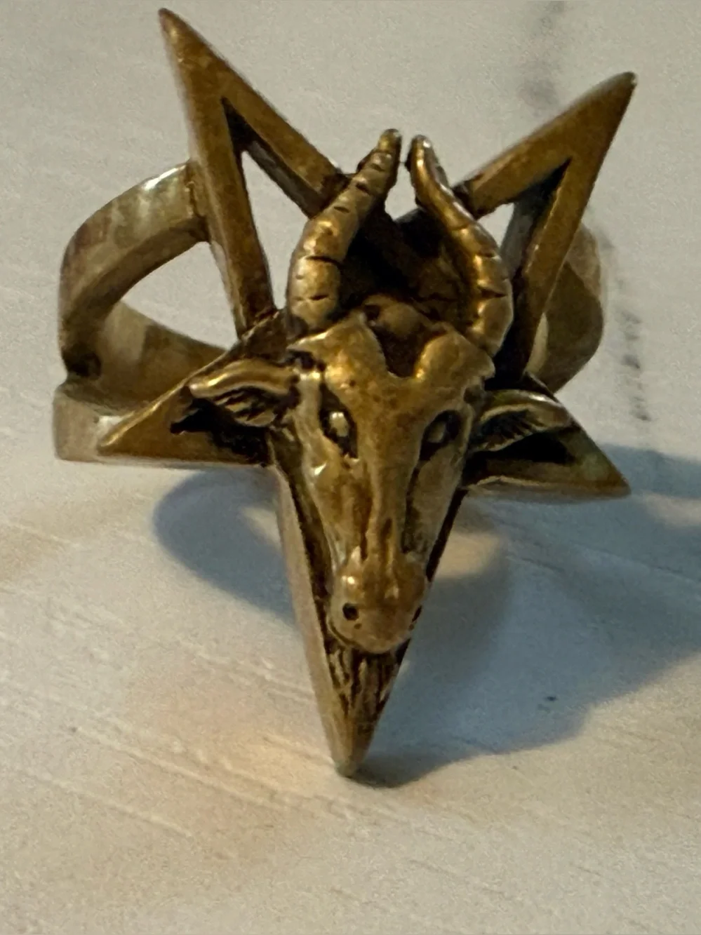 Brass Baphomet Goat Head Pentagram Ring